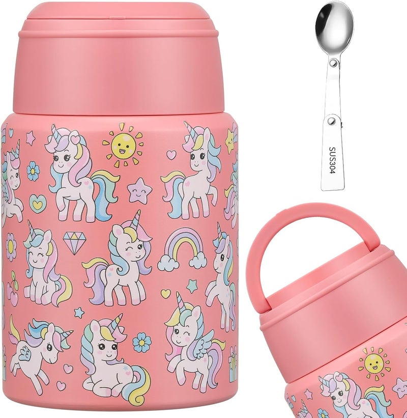 Aimsnk 17oz Soup Thermo for Hot Food Kids Insulated Food Jar,Thermo Hot Food Lunch Container, Width Mouth Stainless Steel Lunch Box for Kids with Handle Folding Spoon (Pink-Unicorn) - Image 1